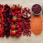 Aliment rouge : assortiment d’aliments rouges (tomate, betterave, fraises, grenade) sur fond beige