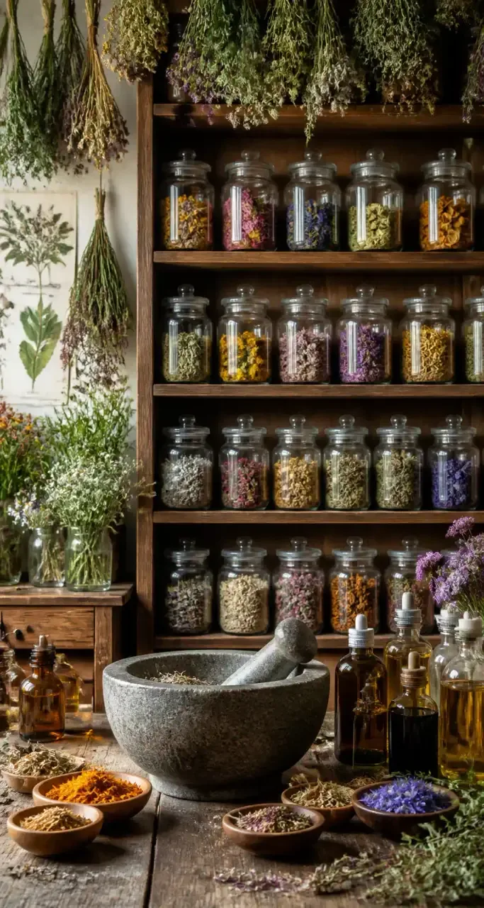 Bocaux de plantes séchées et mortier dans un atelier d'herboristerie