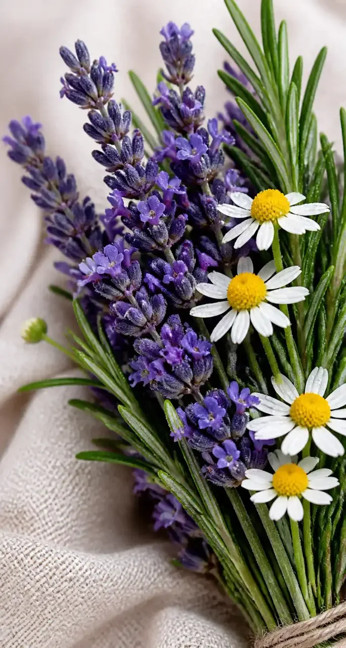 Bouquet de lavande, romarin et camomille, plantes médicinales séchées