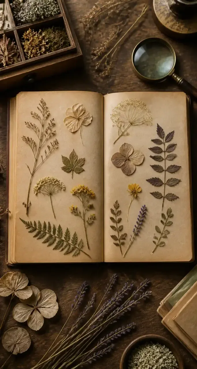 Carnet botanique avec plantes pressées pour l'étude naturaliste