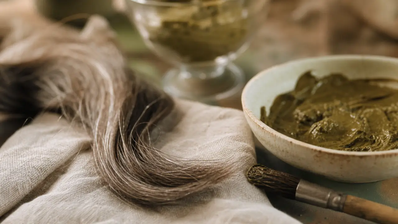 Coloration végétale cheveux blancs : mèche poivre et sel, pâte de plantes tinctoriales et pinceau