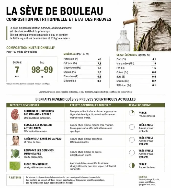 Infographie sur les bienfaits et la composition nutritionnelle de la cure de sève de bouleau
