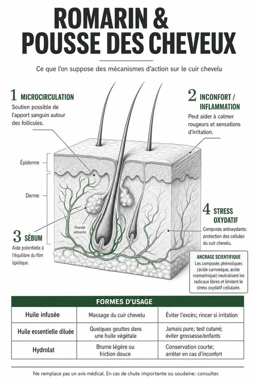 Infographie sur le romarin pousse cheveux : mécanismes d’action sur le cuir chevelu, les follicules et les formes d’usage