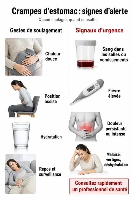 Infographie sur les réflexes et signes d'alerte en cas de crampe d'estomac