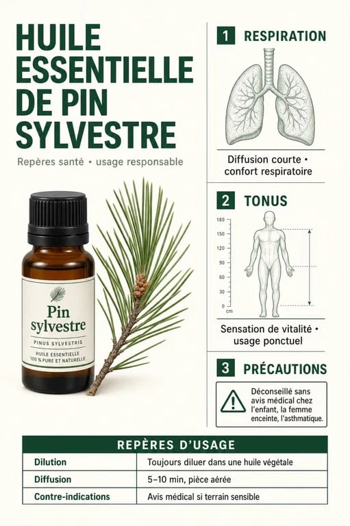 Infographie sur les bienfaits de l’huile essentielle de pin sylvestre