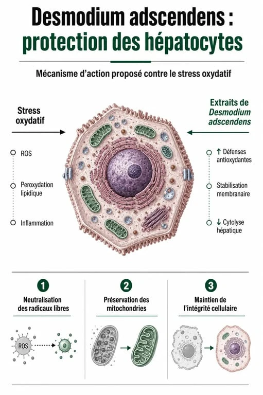 Schéma explicatif des bienfaits du desmodium sur le foie et son rôle indirect dans la perte de poids