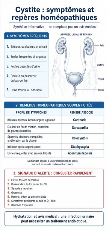 Infographie des symptômes de la cystite et remèdes homéopathiques associés pour soulager les douleurs urinaires