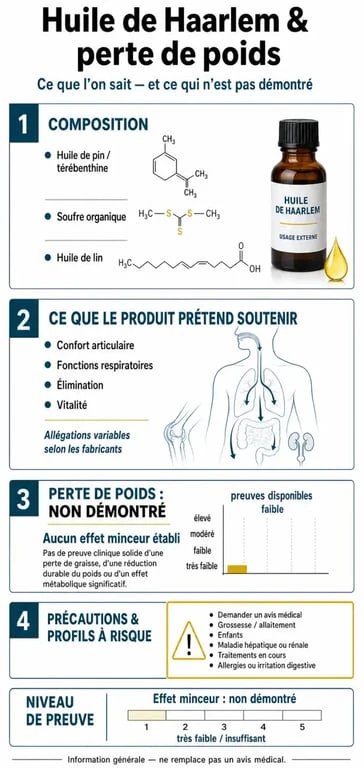 Infographie sur l’huile de haarlem perte de poids : composition, limites d’efficacité et précautions