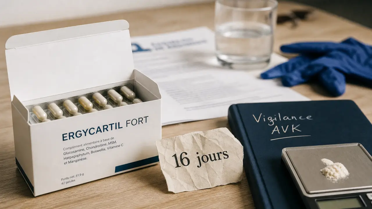 Ergycartil fort effets secondaires : boîte, capsules et vigilance AVK sur table