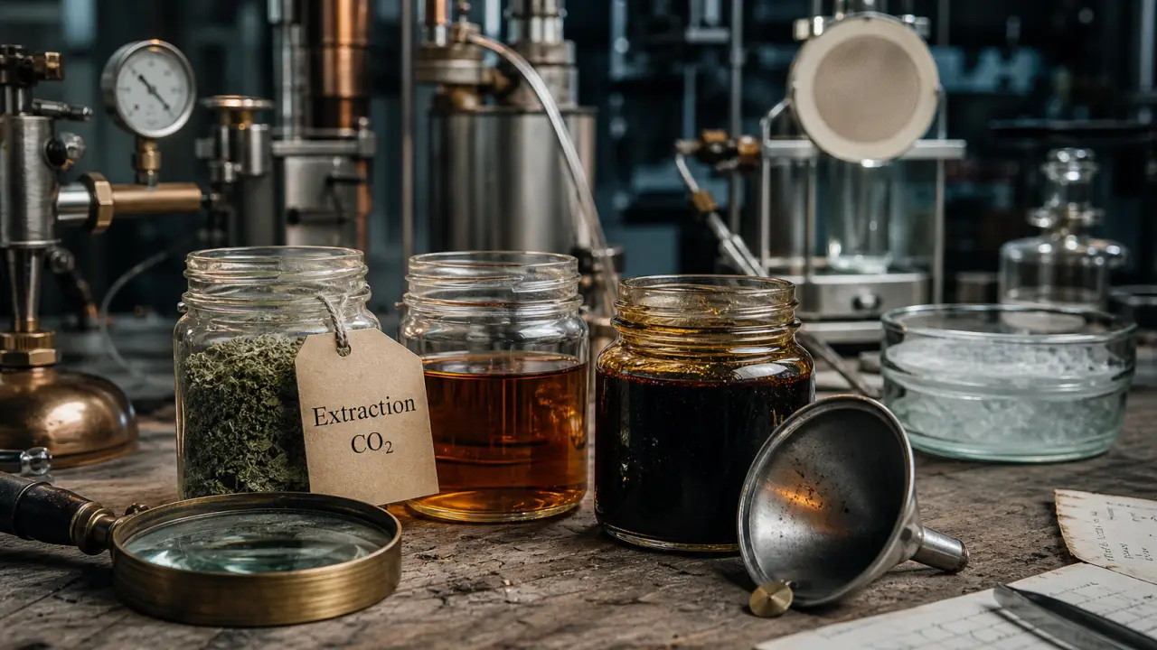 Extraction végétale par CO₂ supercritique et macération, bocaux et extrait huileux
