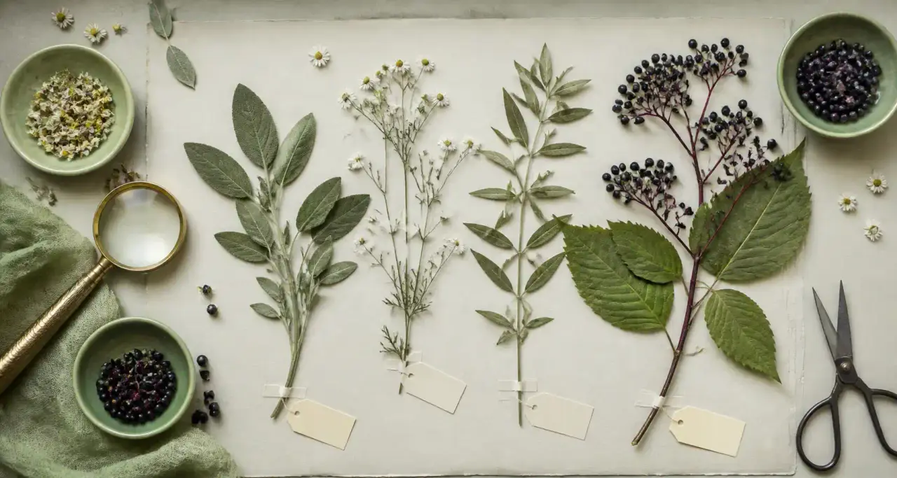 Planche d'herbier avec sauge, camomille, verveine et baies de sureau pressées sur papier ivoire, loupe de botaniste en laiton