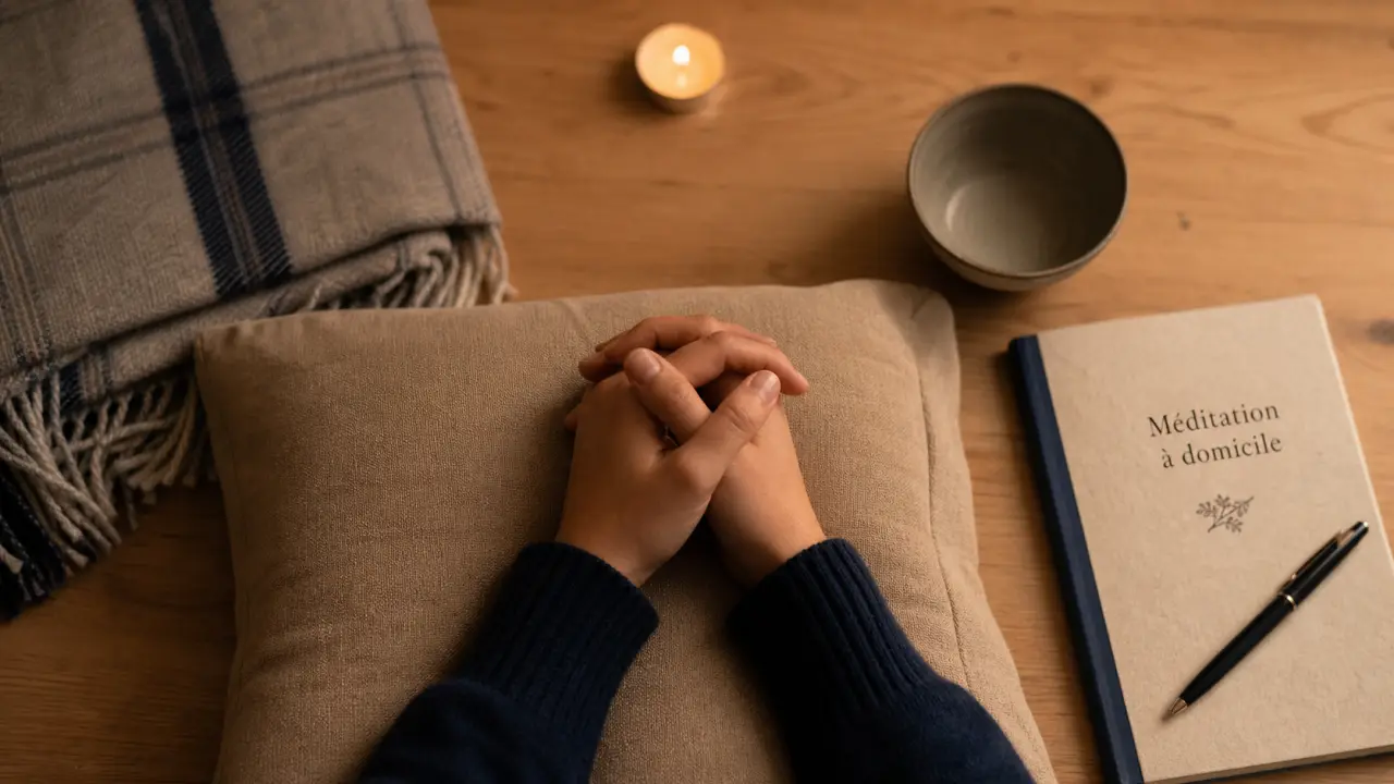 Méditation à domicile : mains en méditation sur coussin, bougie, carnet et plaid pour calmer le stress et mieux dormir