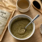 poudre de sidr pousse cheveux, bol de poudre vert-gris et sachet SIDR & CHEVEUX