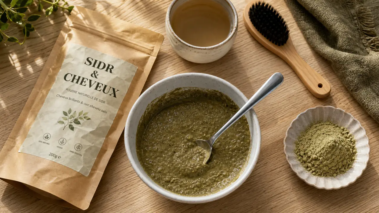 poudre de sidr pousse cheveux, bol de poudre vert-gris et sachet SIDR & CHEVEUX