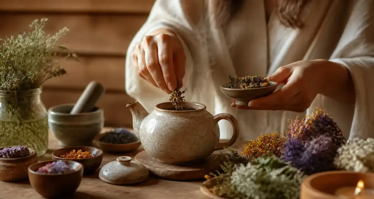 Théière en céramique artisanale et infusion de plantes pour un rituel de soin