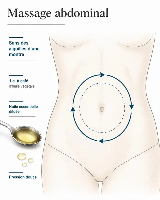 Huiles essentielles et constipation : schéma du massage abdominal dans le sens du transit