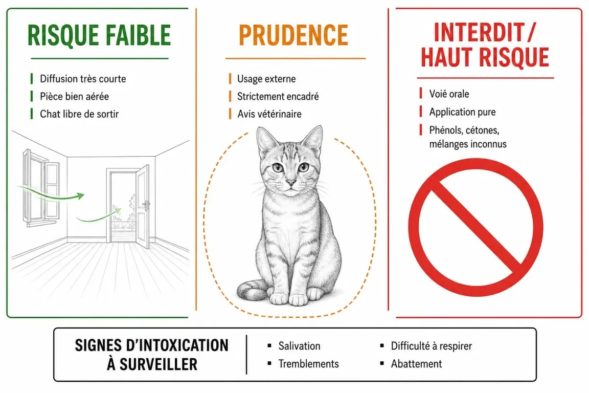 Huiles essentielles chat : visuel des usages à risque, des précautions et des signes d’intoxication