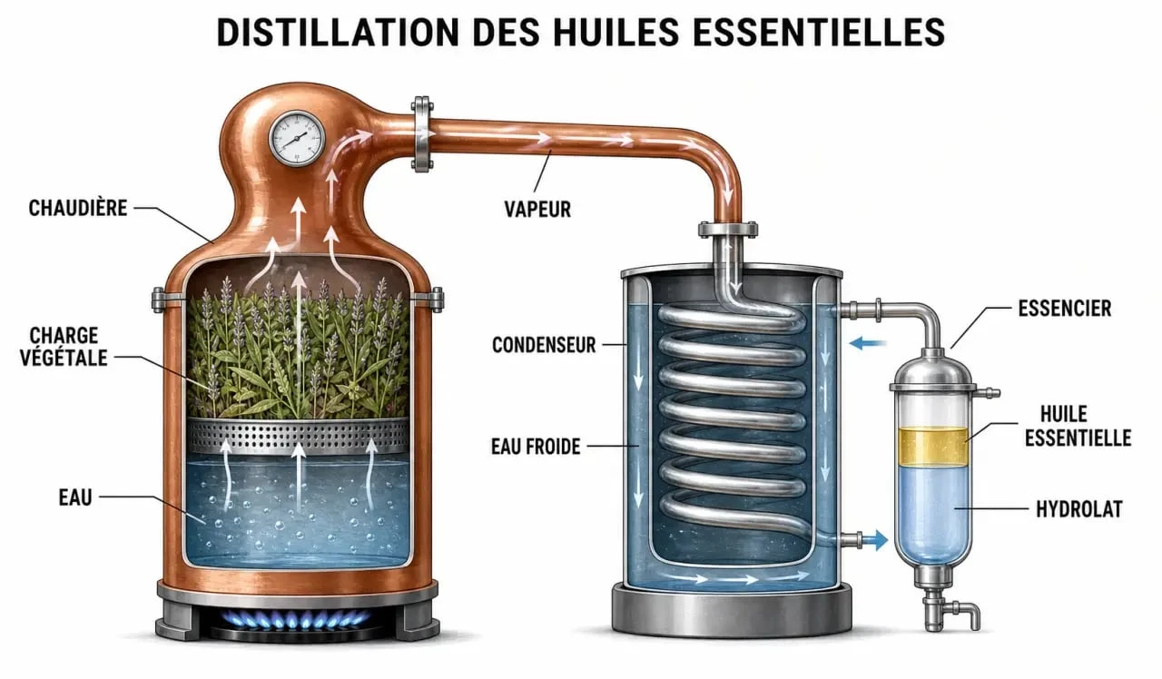 Alambic pour huiles essentielles en coupe technique avec trajet de la vapeur et récupération des distillats