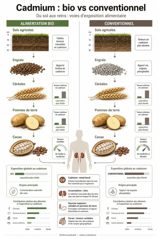 Cadmium alimentation bio : comparaison entre bio et conventionnel et principaux aliments contributeurs