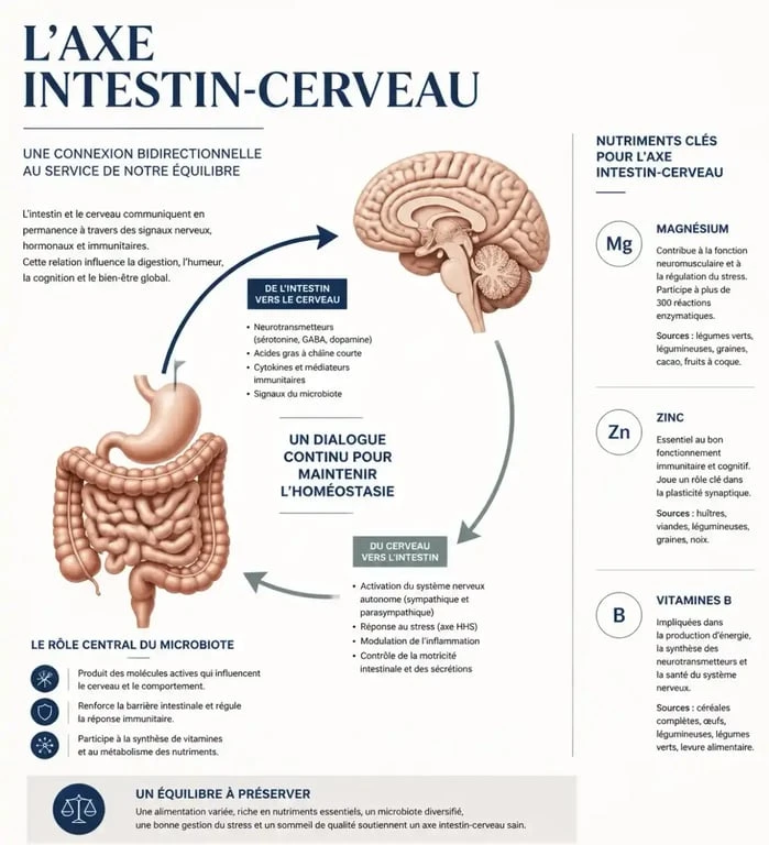Schéma de l'axe intestin-cerveau et rôle des compléments alimentaires dans la psychonutrition selon le Dr Guillaume Fond