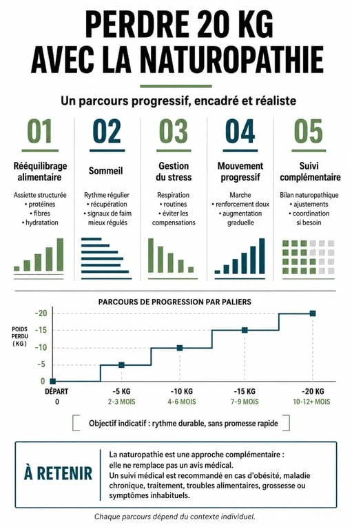 Infographie pour perdre 20 kg avec la naturopathie : progression par paliers, alimentation, sommeil, stress et suivi complémentaire
