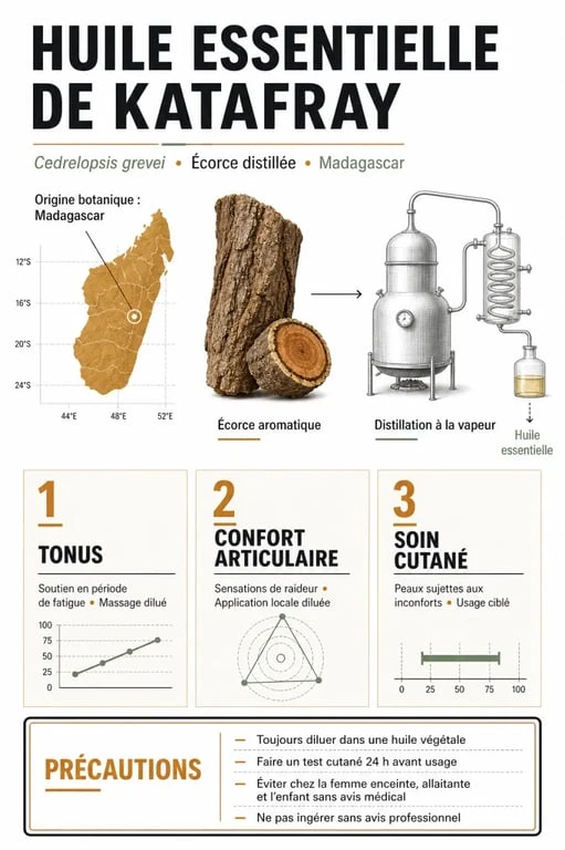 Infographie sur les huiles essentielles katafray : usages, dilution et précautions