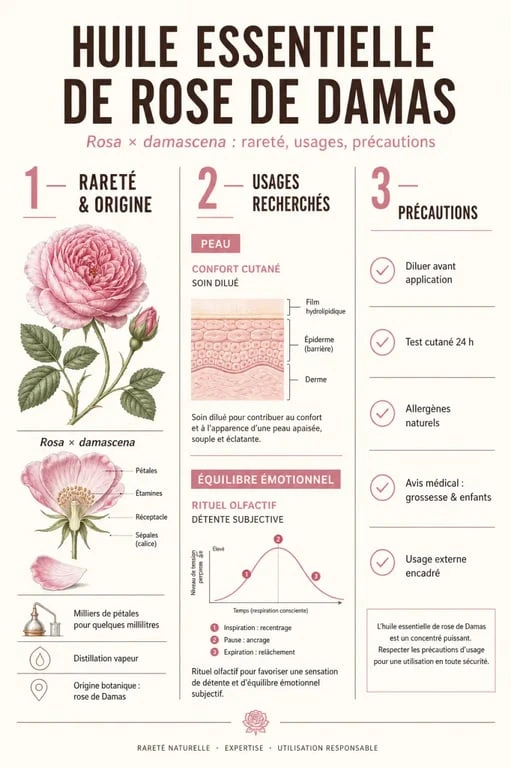 Huiles essentielles rose de damas : propriétés, usages et précautions
