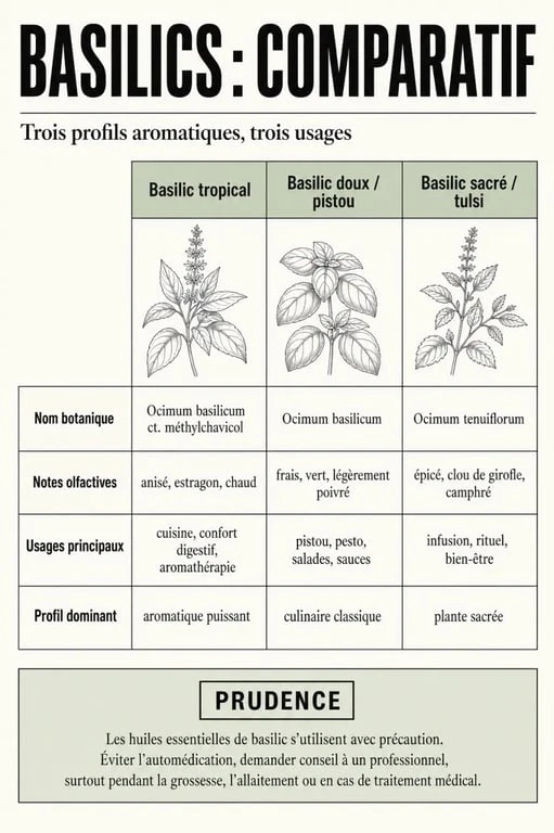 Comparatif des huiles essentielles basilic tropical, basilic doux et tulsi