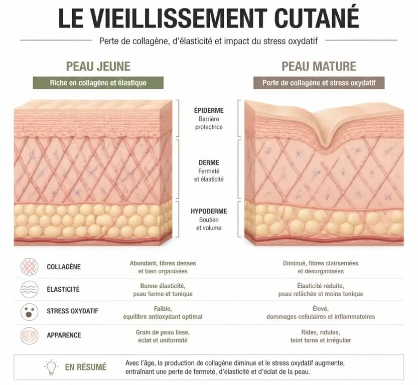 Schéma du vieillissement cutané et perte de collagène