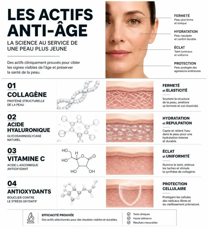 Infographie des compléments alimentaires anti-âge et leurs bienfaits sur la peau