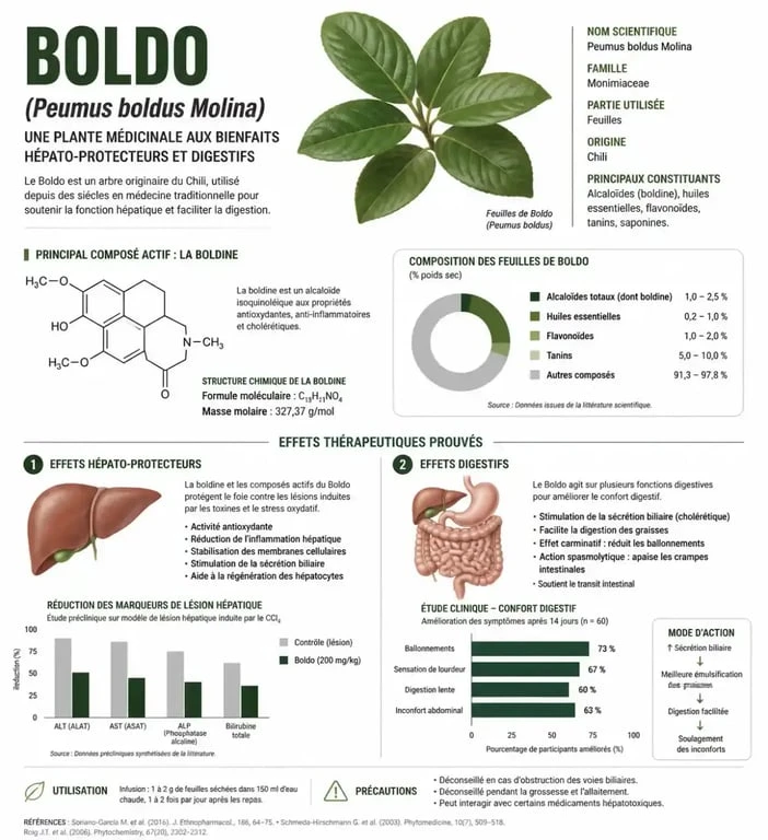 Infographie sur les bienfaits et propriétés thérapeutiques du Boldo en phytothérapie