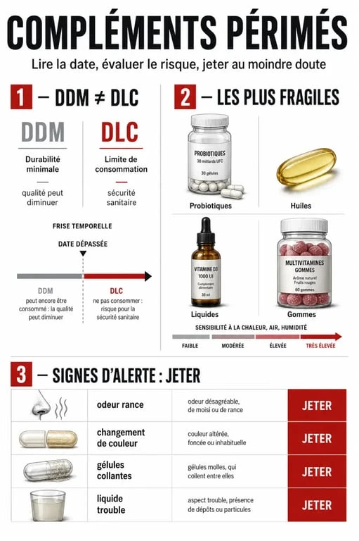 Que faire des compléments alimentaires périmés : schéma des dates, des signes d’alerte et des types de produits à surveiller