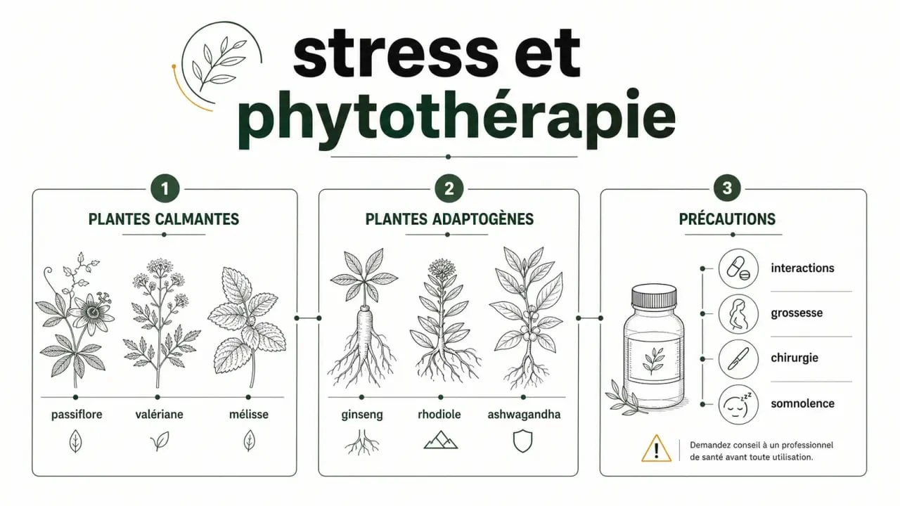 Illustration éditoriale sur le stress et phytothérapie avec plantes calmantes, adaptogènes et précautions d’usage