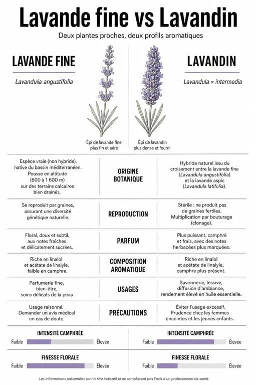 Comparatif des huiles essentielles lavandin et de la lavande fine en infographie éditoriale