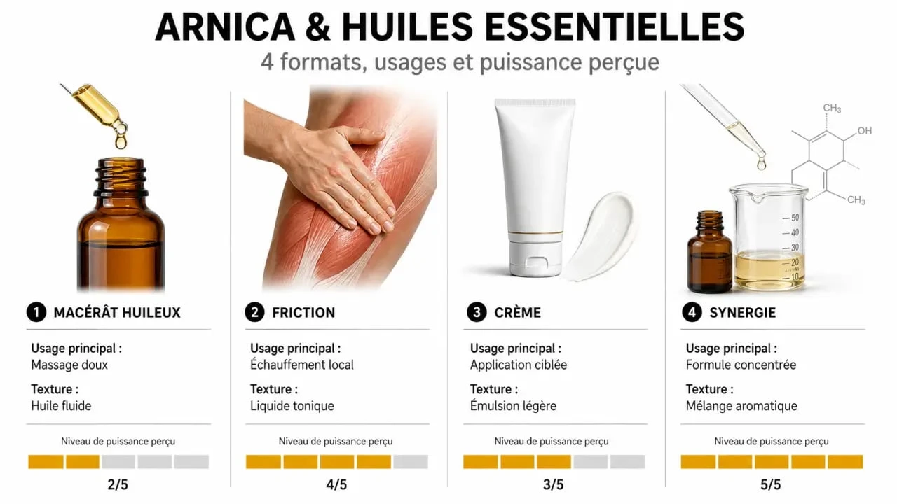 Comparatif arnica huiles essentielles : macérât, friction, crème et synergie