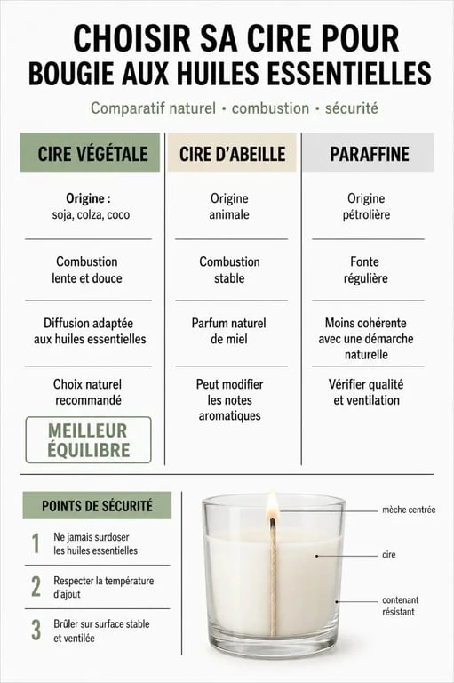 Bougie aux huiles essentielles : comparatif visuel des cires végétale, d’abeille et paraffine
