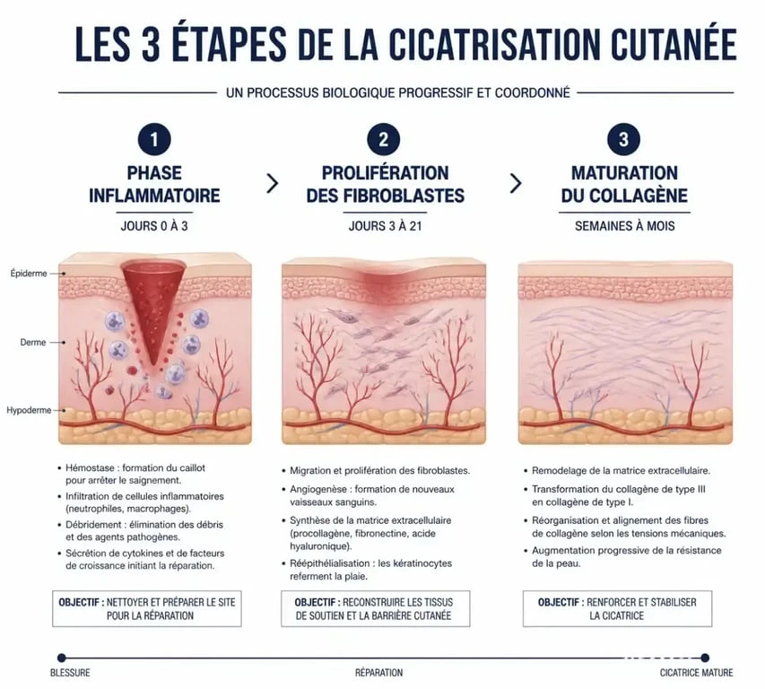 Schéma du processus de cicatrisation cutanée utilisant des huiles essentielles pour cicatrisation