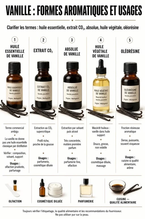 Huiles essentielles vanille : comparaison visuelle entre extrait CO2, absolue, oléorésine et huile végétale
