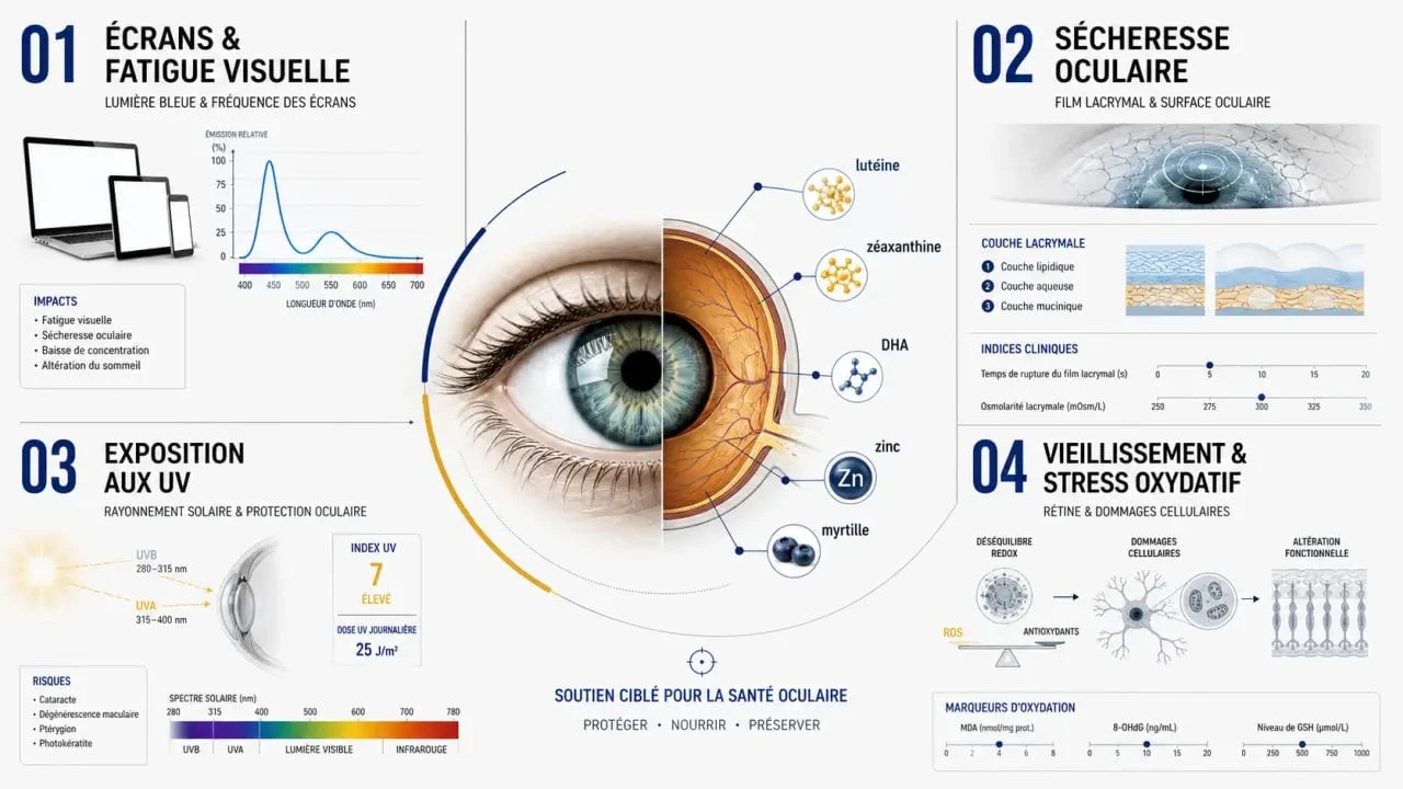 Compléments alimentaires vision : fatigue visuelle, sécheresse oculaire et actifs clés