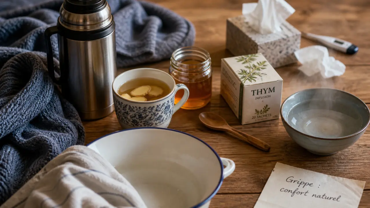 Grippe remèdes naturels : tisane gingembre, miel et inhalation vapeur