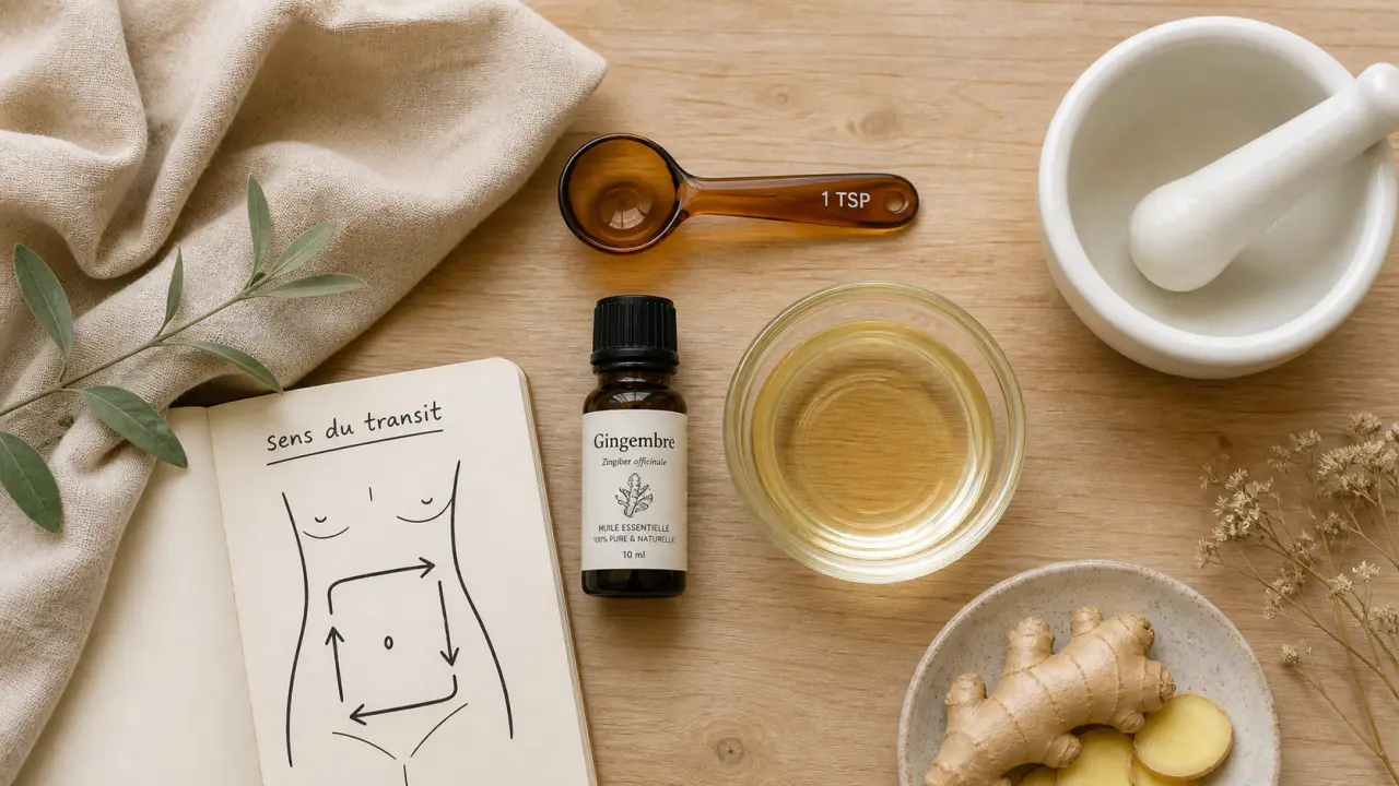 Huiles essentielles et constipation : gingembre, mandarine et massage abdominal