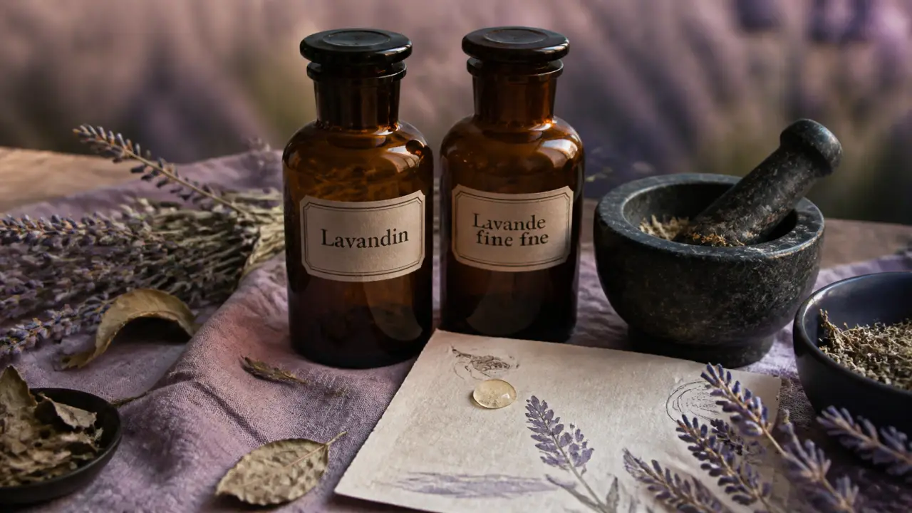 Huiles essentielles lavandin et lavande fine, flacons et lavande