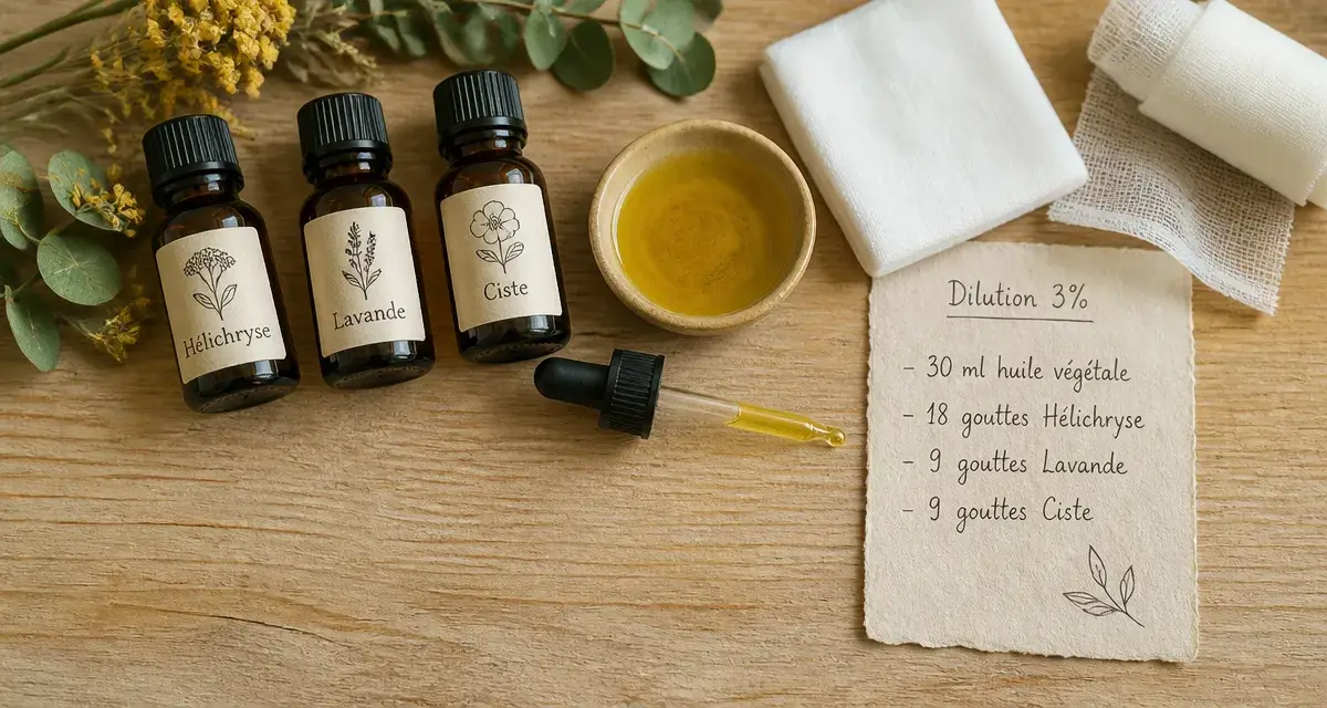 Huiles essentielles pour cicatrisation : hélichryse, lavande, ciste, huile végétale et dilution 3%