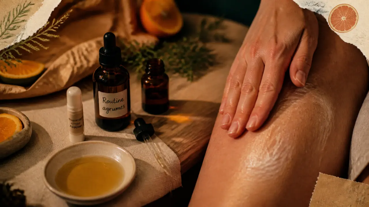 Huiles essentielles pour maigrir, flacons agrumes et massage cuisse