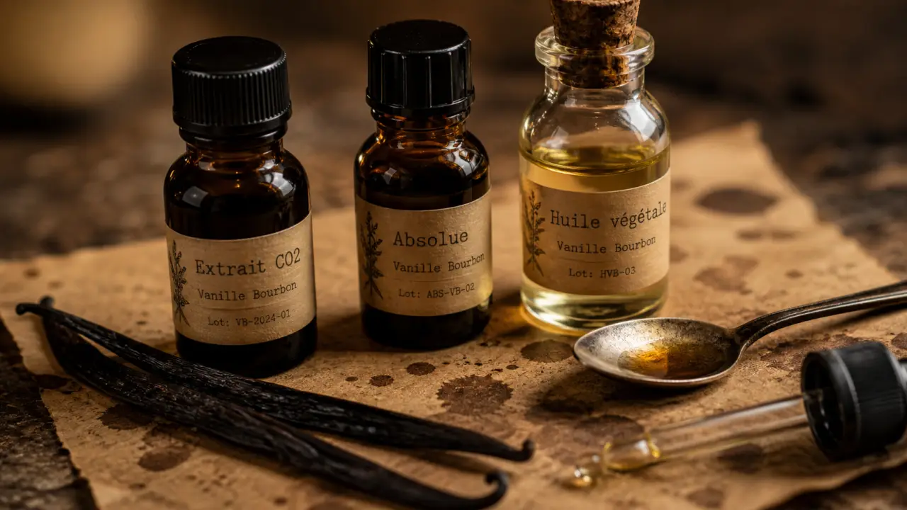 Huiles essentielles vanille : extraits en flacons, gousses et pipette