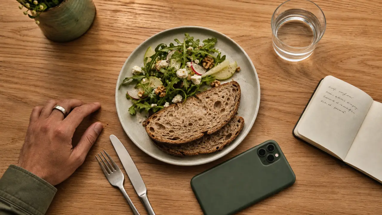 Manger en pleine conscience : table, assiette et eau, main avant le repas