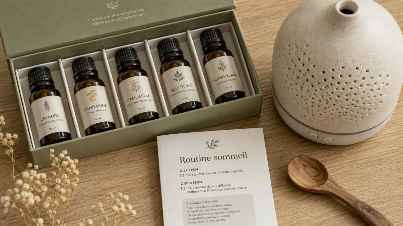 Coffret huiles essentielles sommeil, diffuseur et flacons ambrés