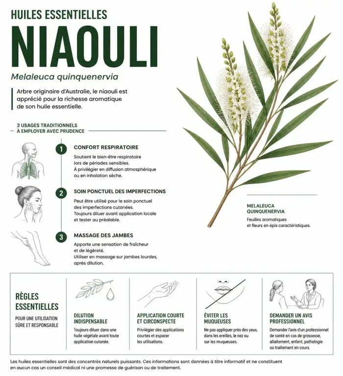 Infographie sur les huiles essentielles niaouli : usages, dilution et précautions