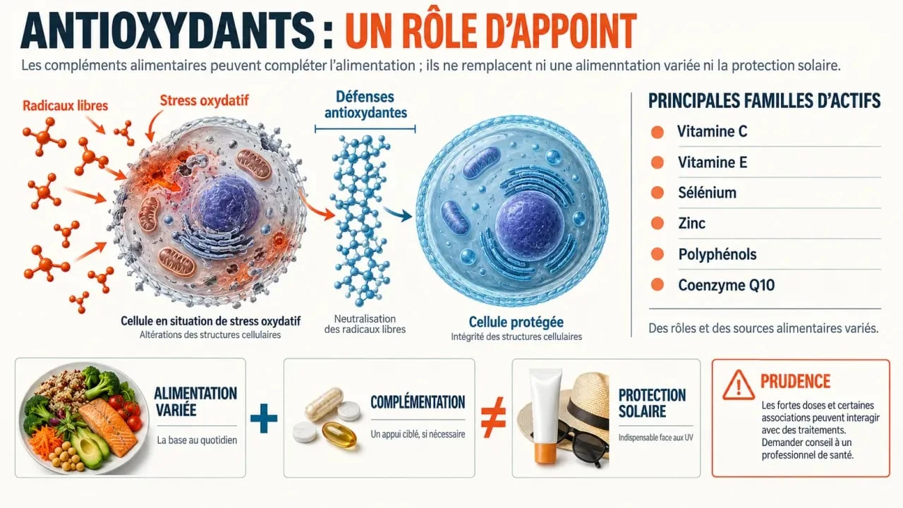 Infographie sur les compléments alimentaires anti oxydant, le stress oxydatif et les principaux actifs