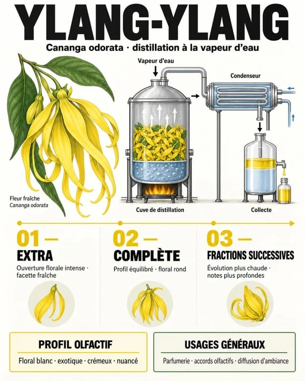 Infographie sur les huiles essentielles d’ylang ylang et les différences entre leurs grades